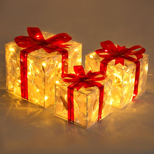 Enchanting Christmas Lighted Gift Boxes - Set of 3 Transparent LED Presents for a Magical Holiday Décor